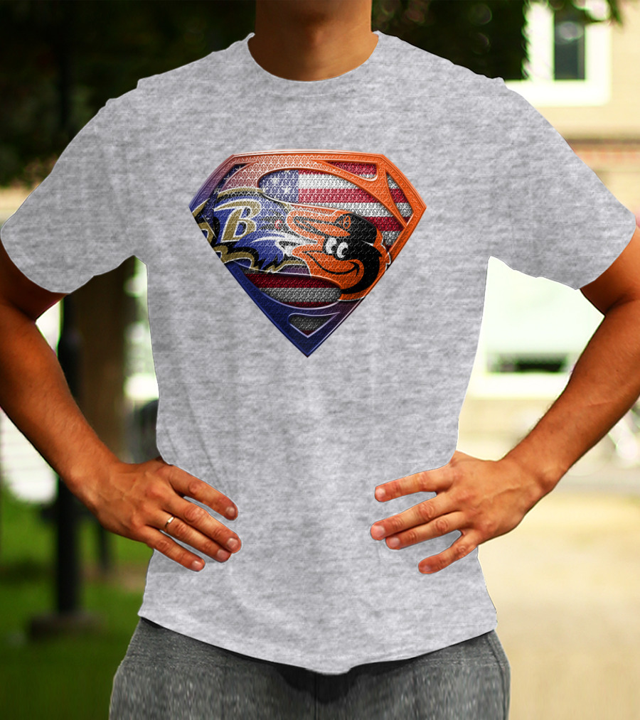 Baltimore Ravens Orioles American Flag Superman Shield T-Shirt