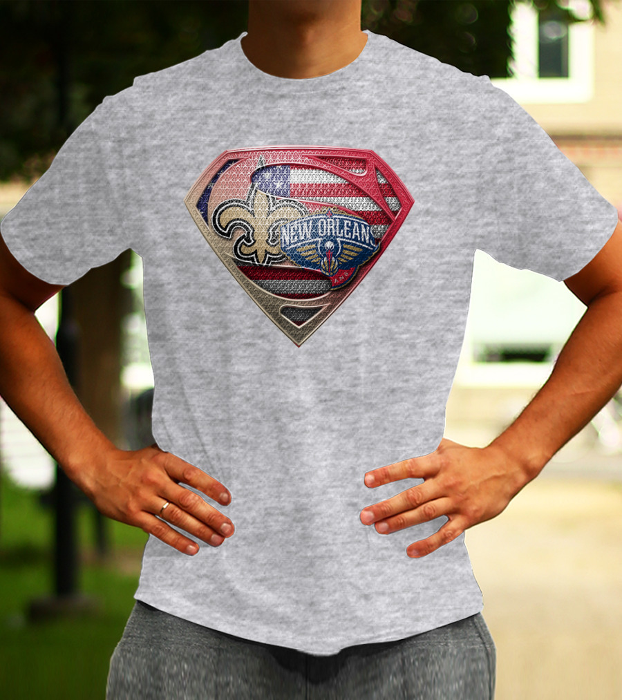 Superman Shield New Orleans Saints Pelicans American Flag T-Shirt