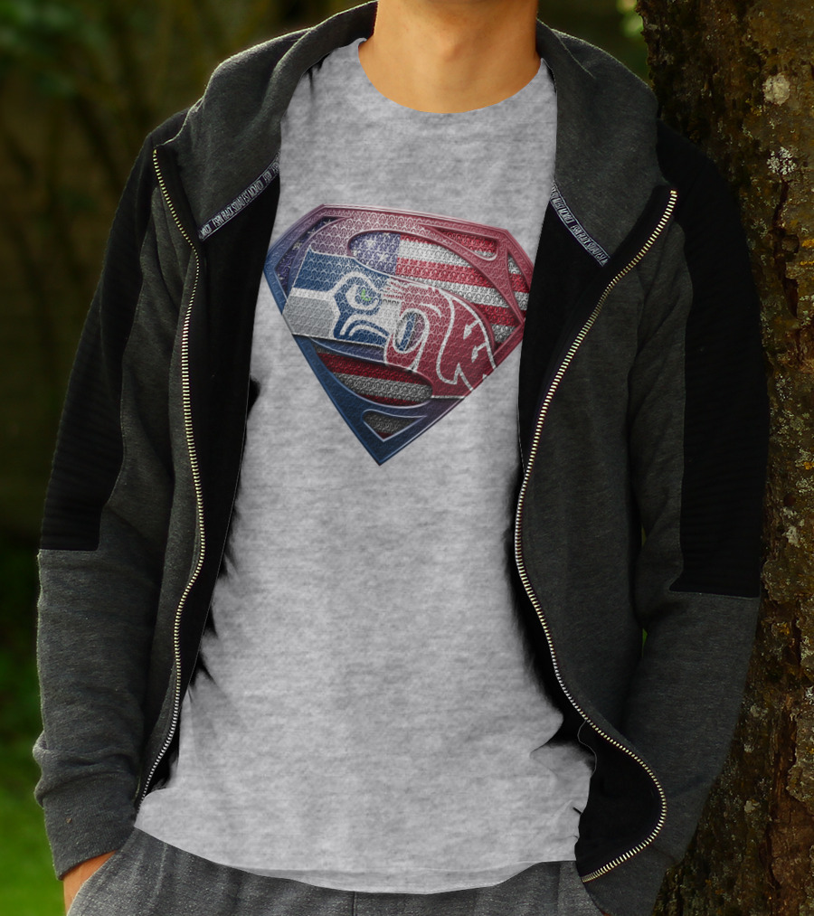 Seahawks Cougars Superman Shield Usa Flag T-Shirt