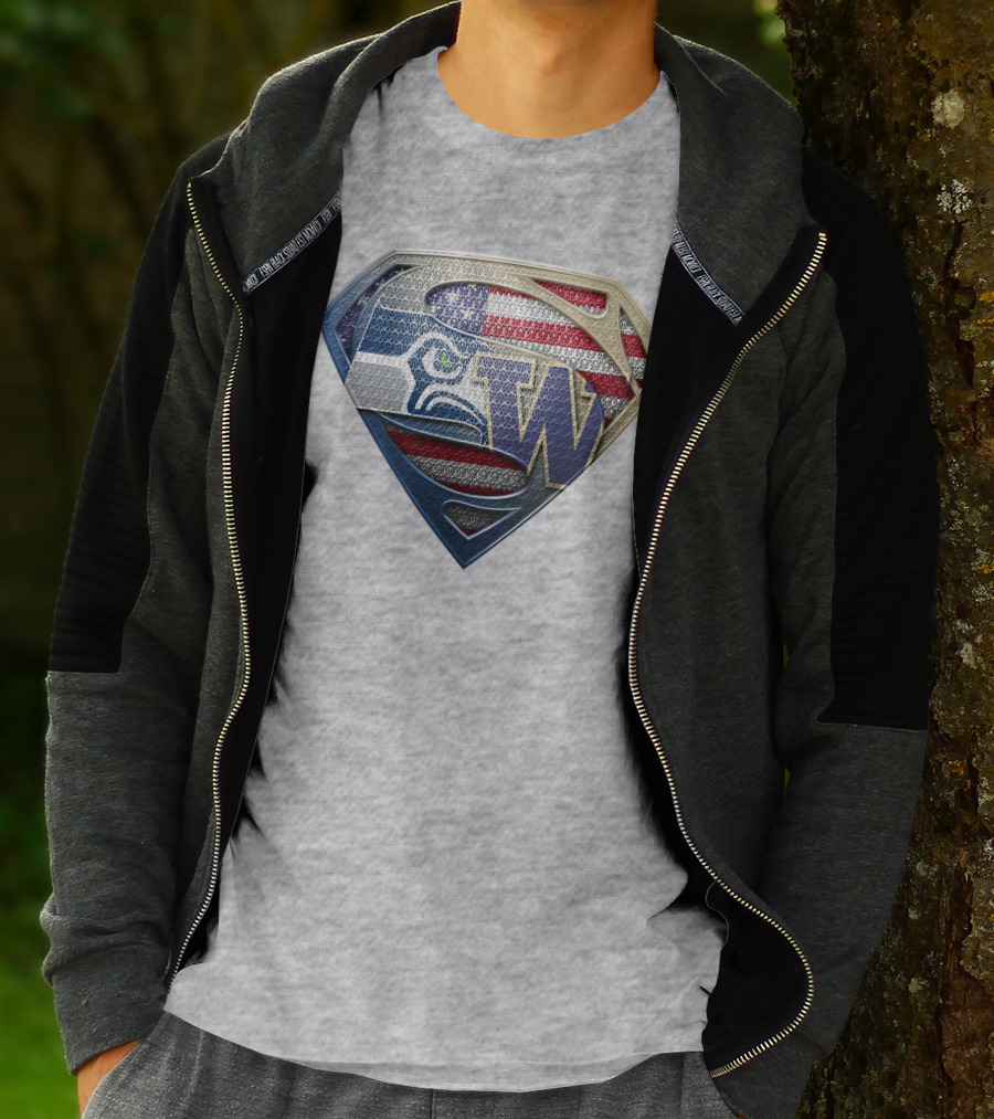 Superman Logo Seahawks W American Flag Hybrid T-Shirt