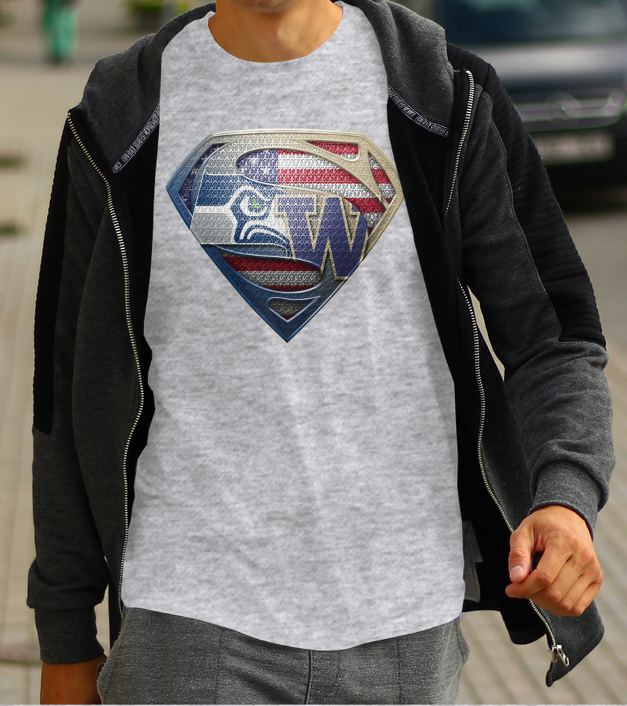 Superman Logo Seahawks W American Flag Hybrid T-Shirt