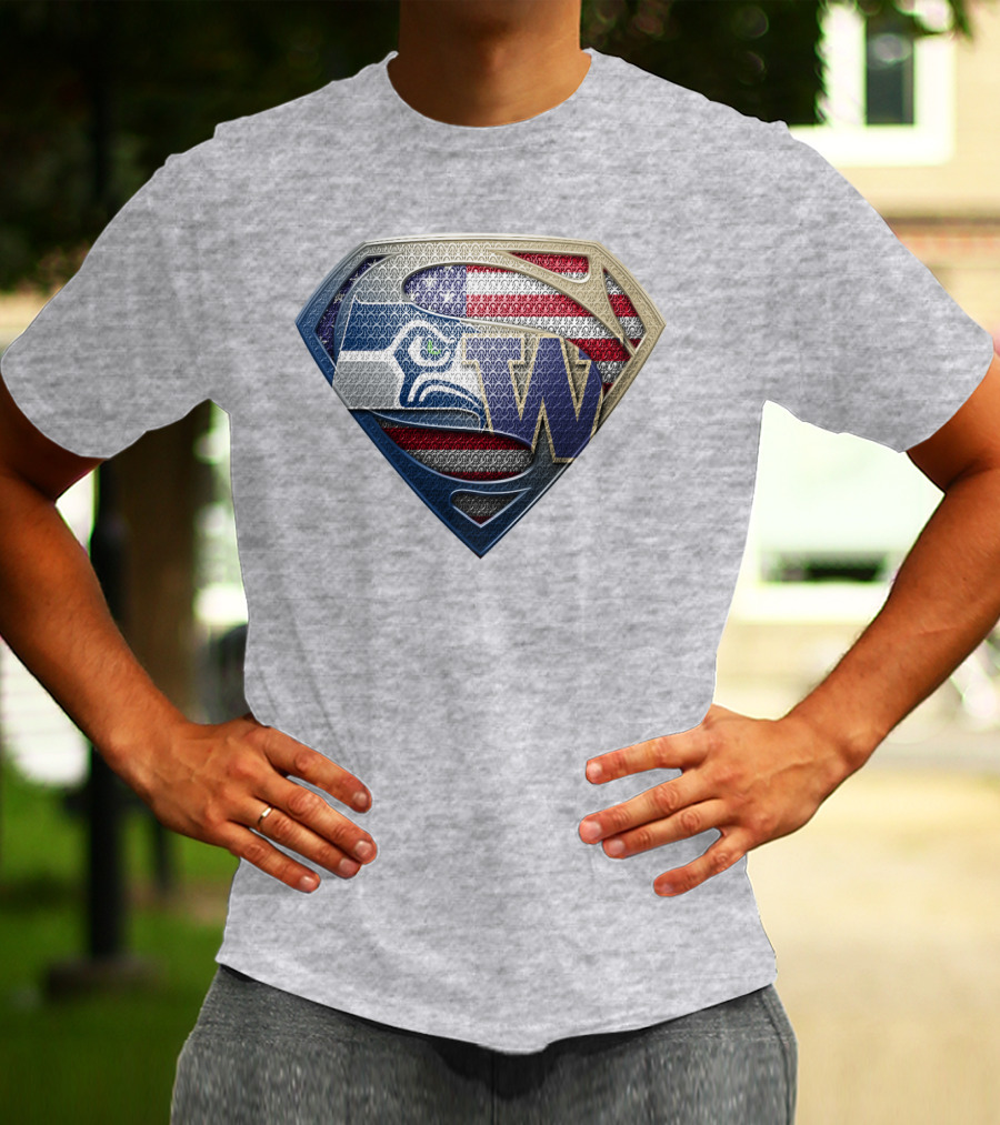 Superman Logo Seahawks W American Flag Hybrid T-Shirt