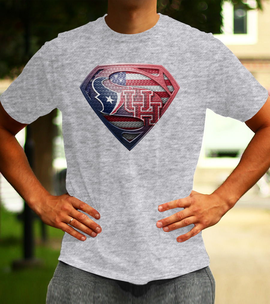 Houston Texans And University Of Houston Super Shield With American Flag T-Shirt