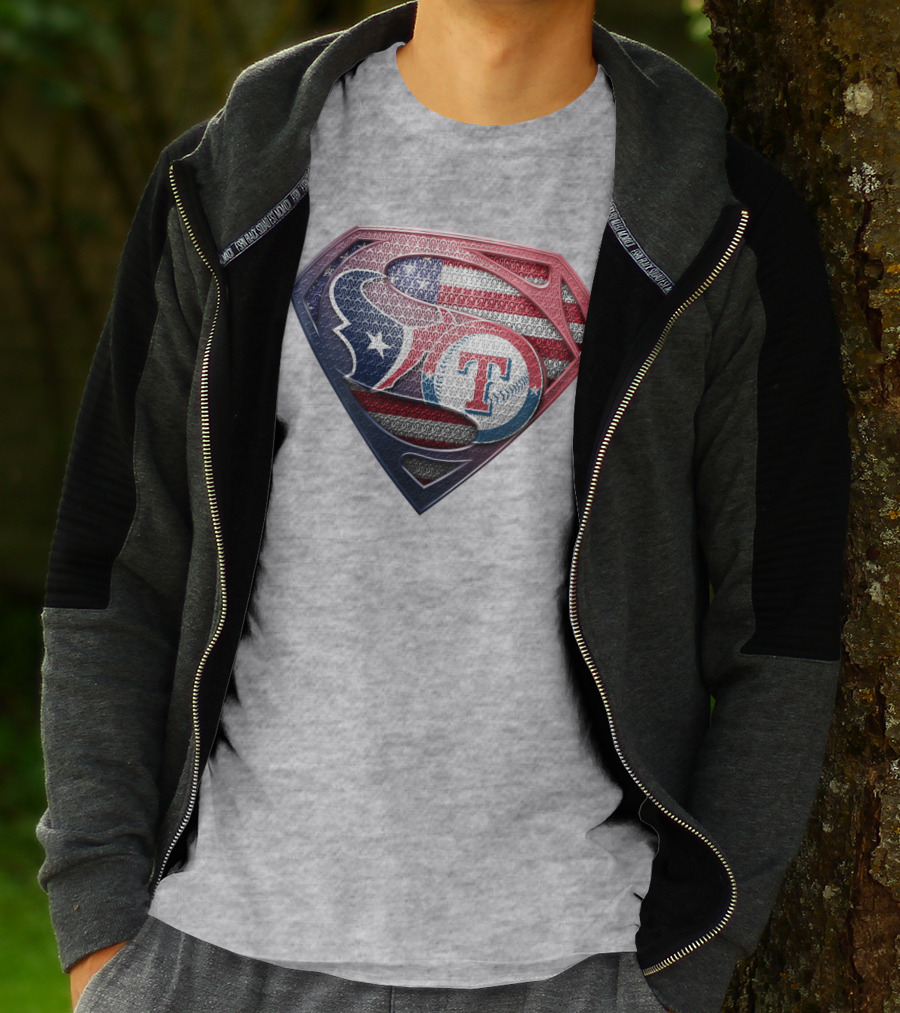 Superman Shield Houston Texans And Texas Rangers American Flag T-Shirt