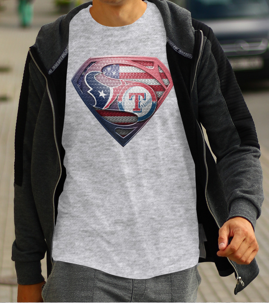 Superman Shield Houston Texans And Texas Rangers American Flag T-Shirt