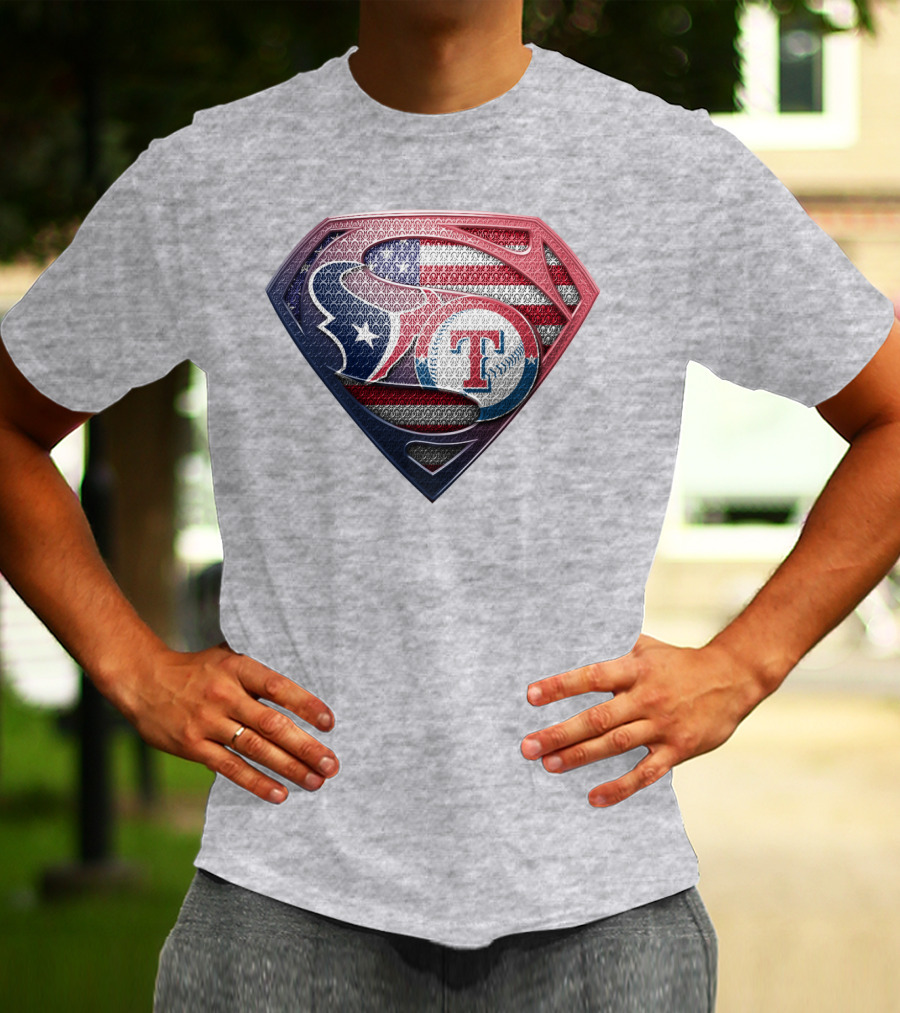 Superman Shield Houston Texans And Texas Rangers American Flag T-Shirt