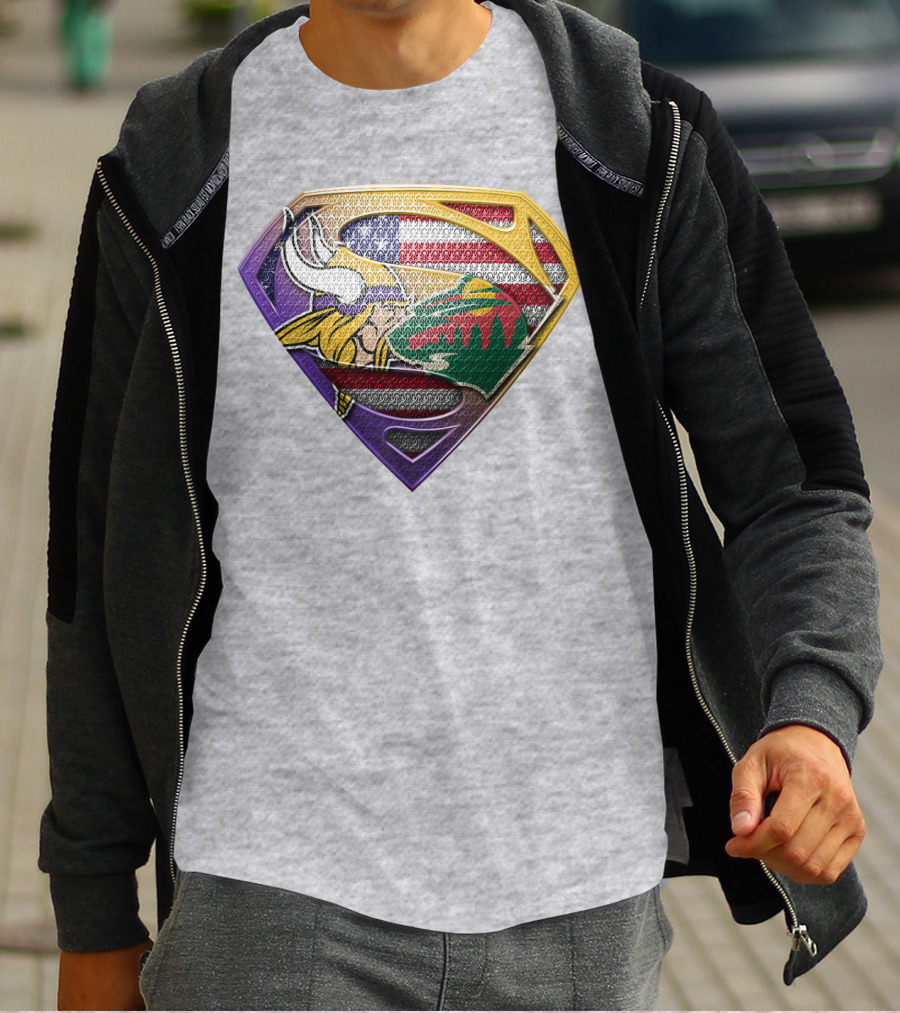 Superman Shield Minnesota Vikings Wild Usa Flag Combination T-Shirt