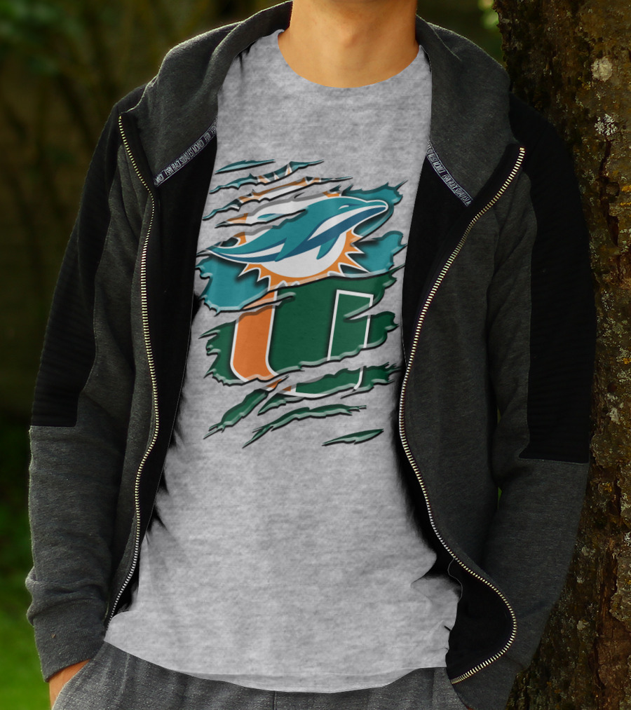Miami Dolphins And University Of Miami Hurricanes Torn Design Rah 052 T-Shirt
