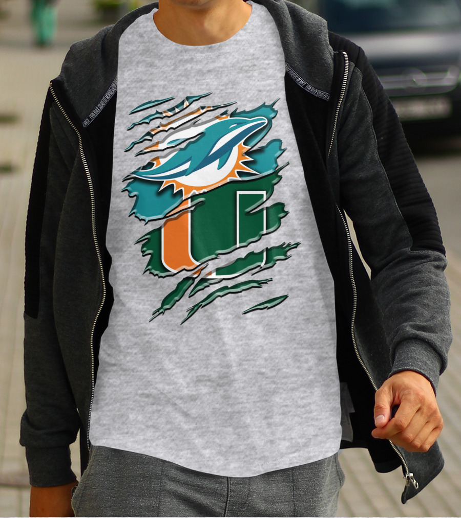 Miami Dolphins And University Of Miami Hurricanes Torn Design Rah 052 T-Shirt