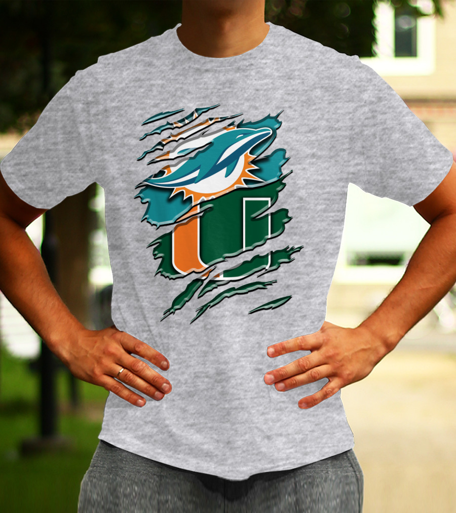 Miami Dolphins And University Of Miami Hurricanes Torn Design Rah 052 T-Shirt