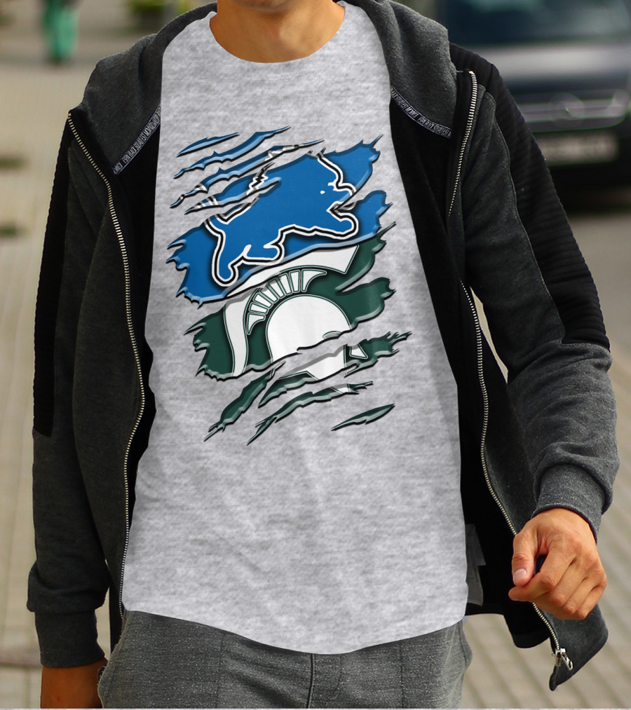 Detroit Lions Michigan State Spartans Ripped Claw Scratch Design Rah 076 T-Shirt