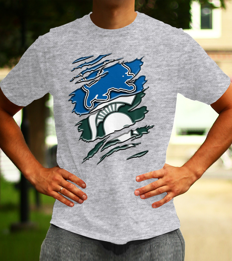 Detroit Lions Michigan State Spartans Ripped Claw Scratch Design Rah 076 T-Shirt