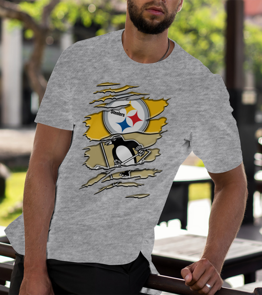 Steelers Penguins Torn Scratches Logo Collaboration T-Shirt
