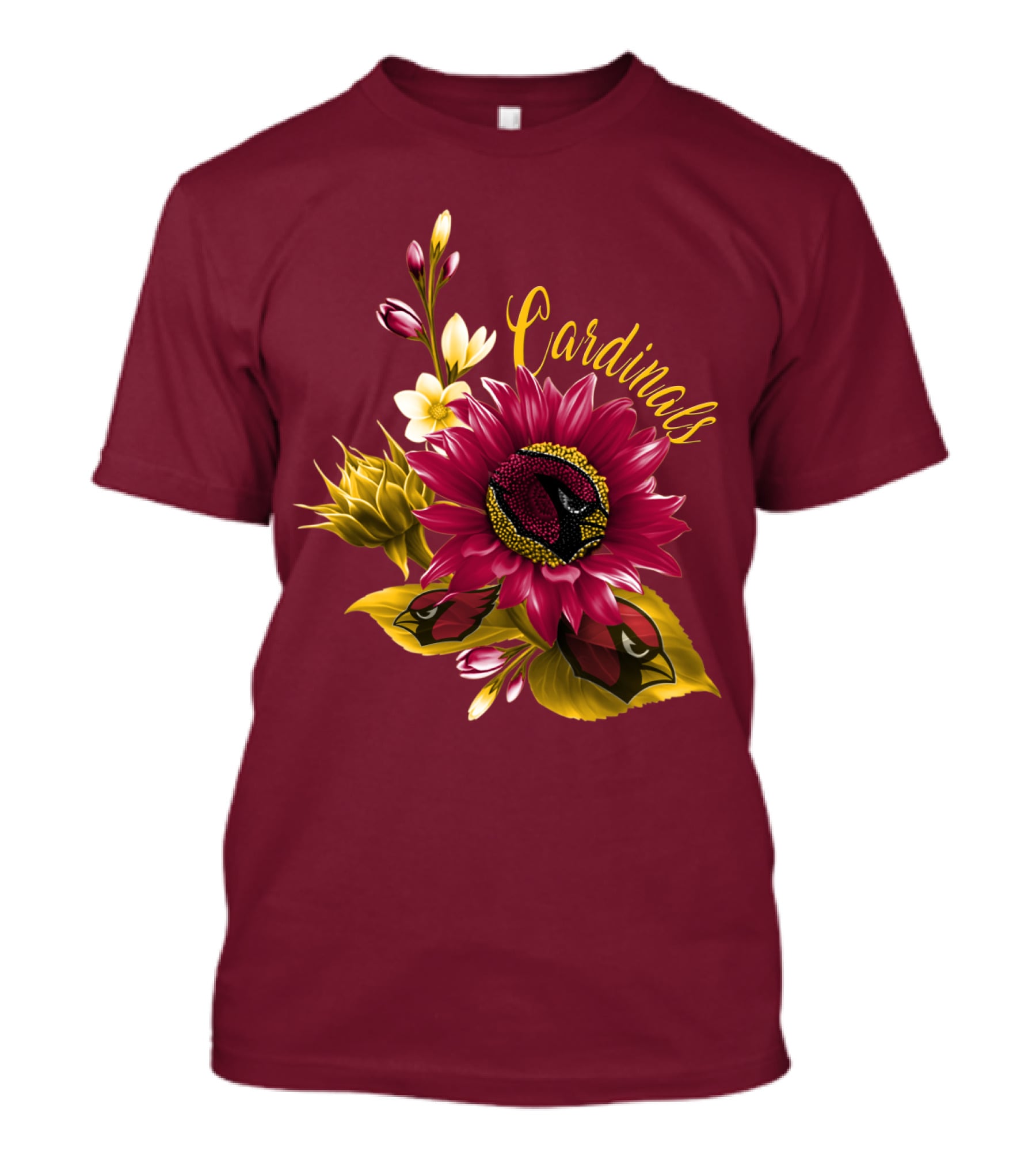 Cardinals Floral Sunflower And Bird Art On Red T-Shirt