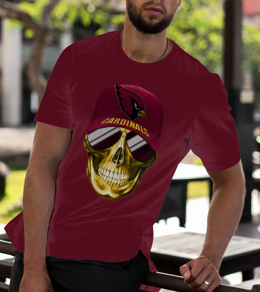 Arizona Cardinals Skull With Hat And Sunglasses T-Shirt