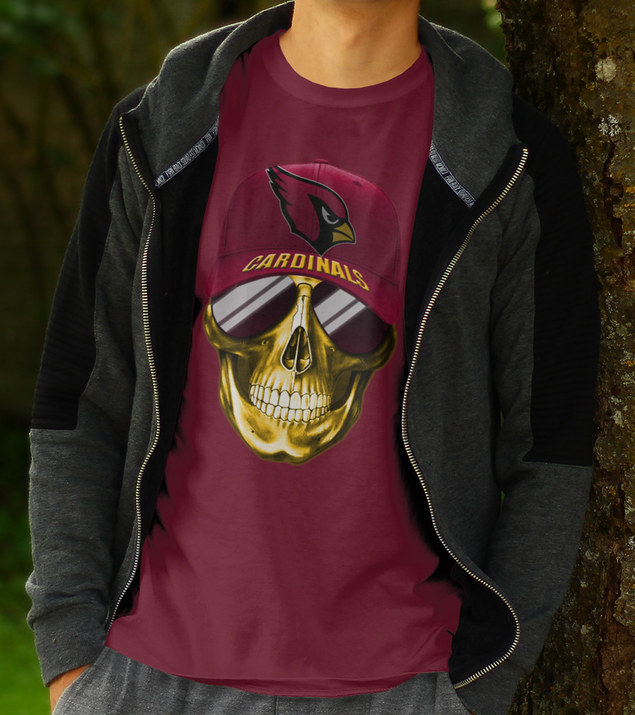 Arizona Cardinals Skull With Hat And Sunglasses T-Shirt