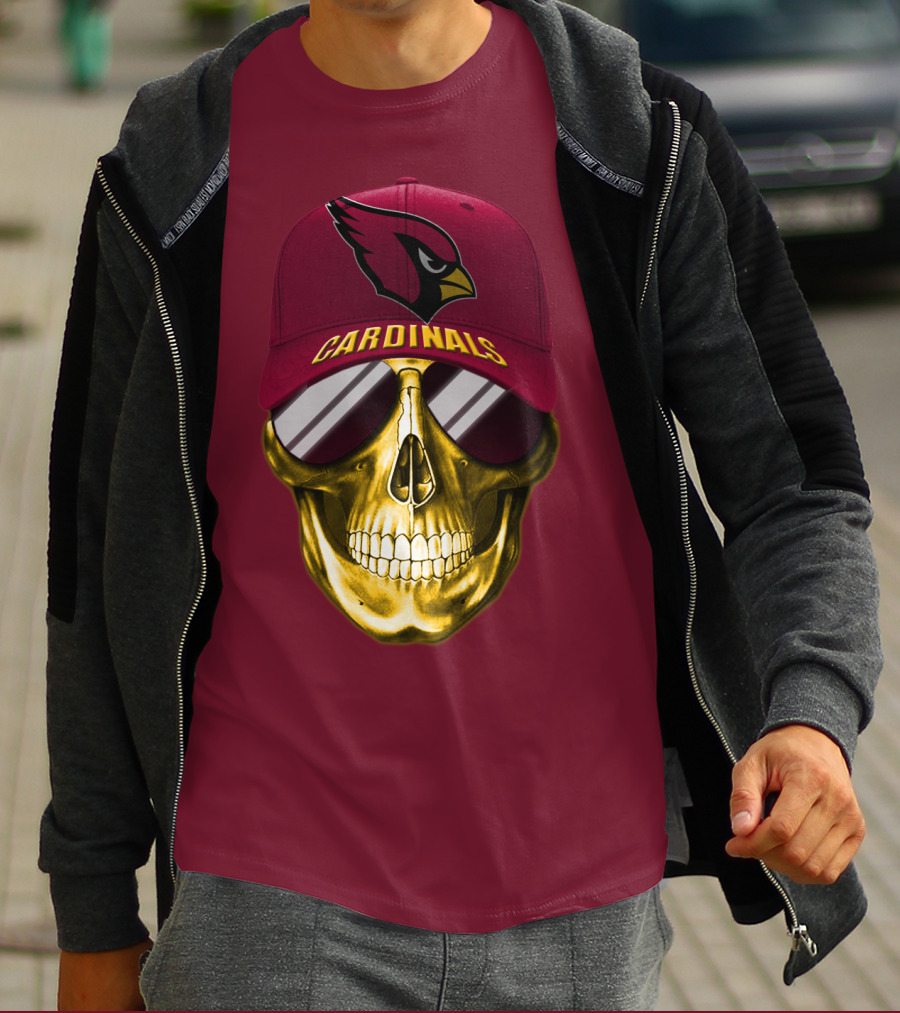 Arizona Cardinals Skull With Hat And Sunglasses T-Shirt