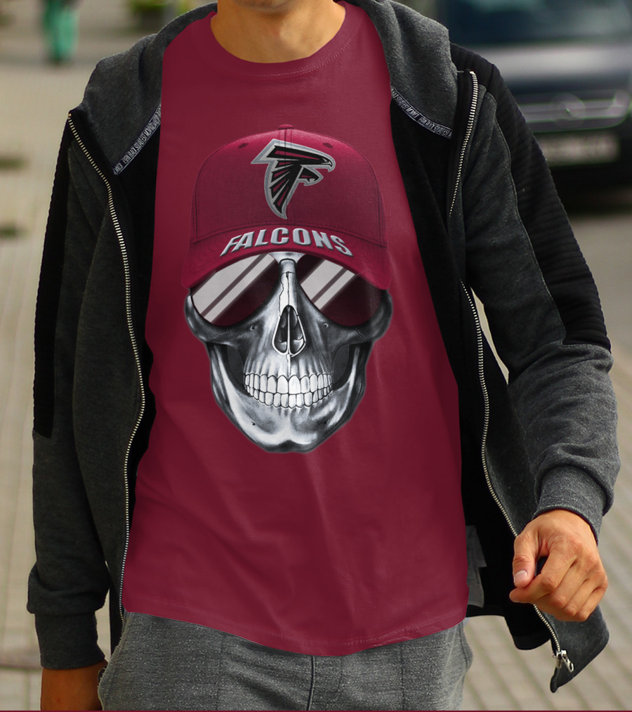 Atlanta Falcons Skull With Logo Hat And Sunglasses T-Shirt