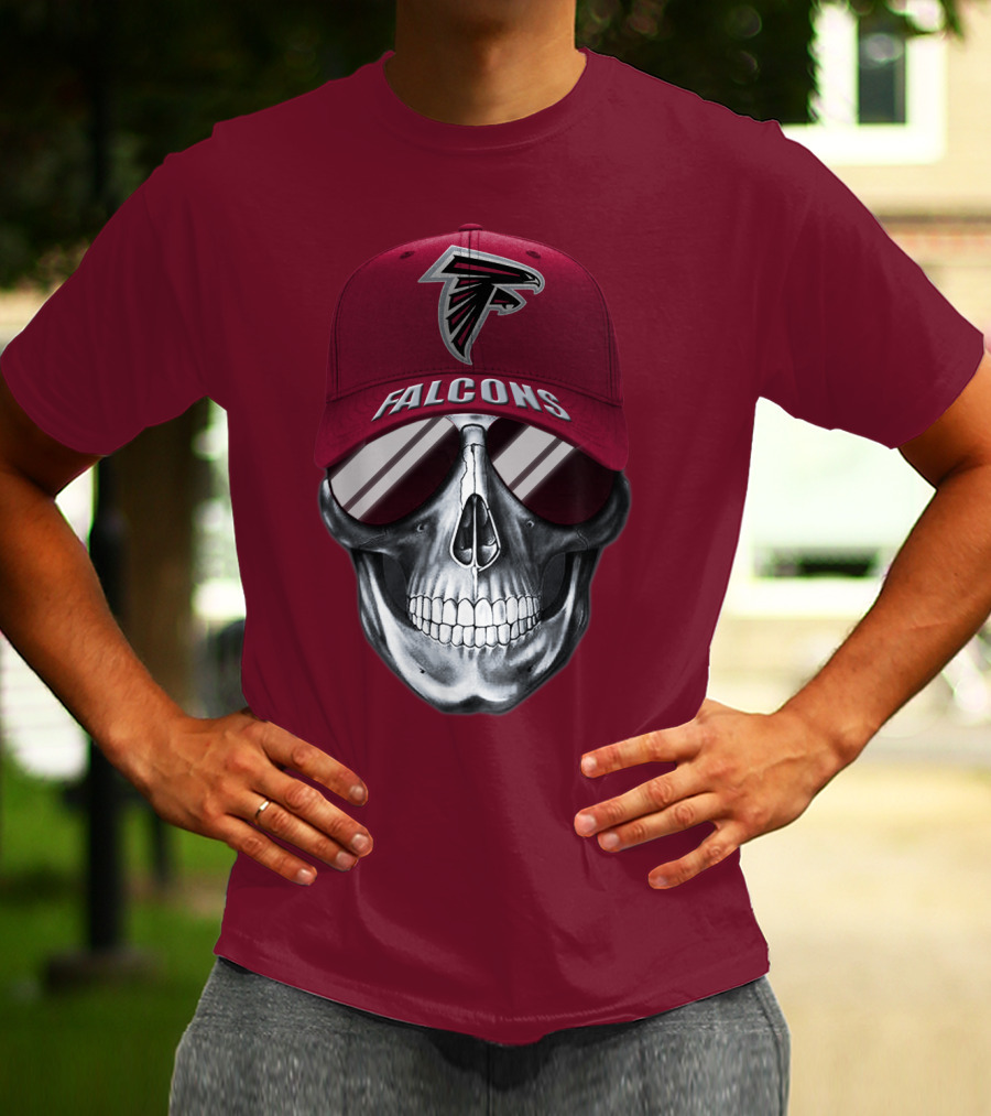 Atlanta Falcons Skull With Logo Hat And Sunglasses T-Shirt