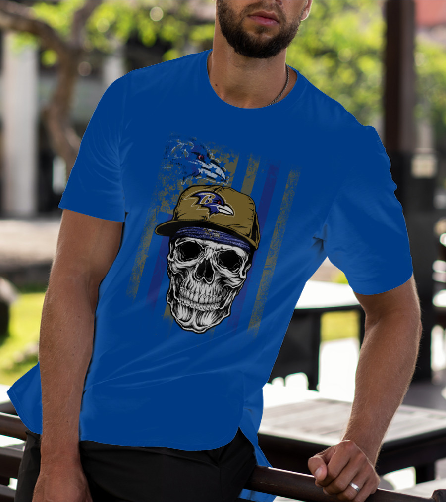 Baltimore Ravens Skull With Hat And Stylized Flag Elements T-Shirt