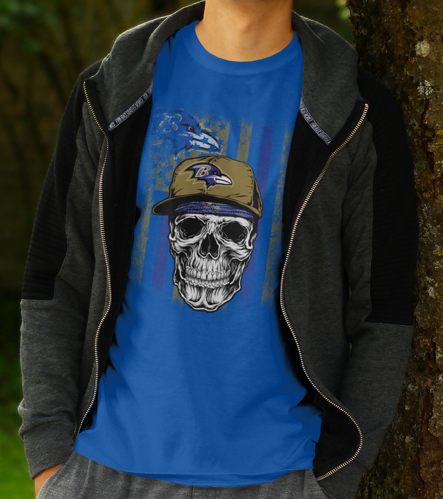Baltimore Ravens Skull With Hat And Stylized Flag Elements T-Shirt