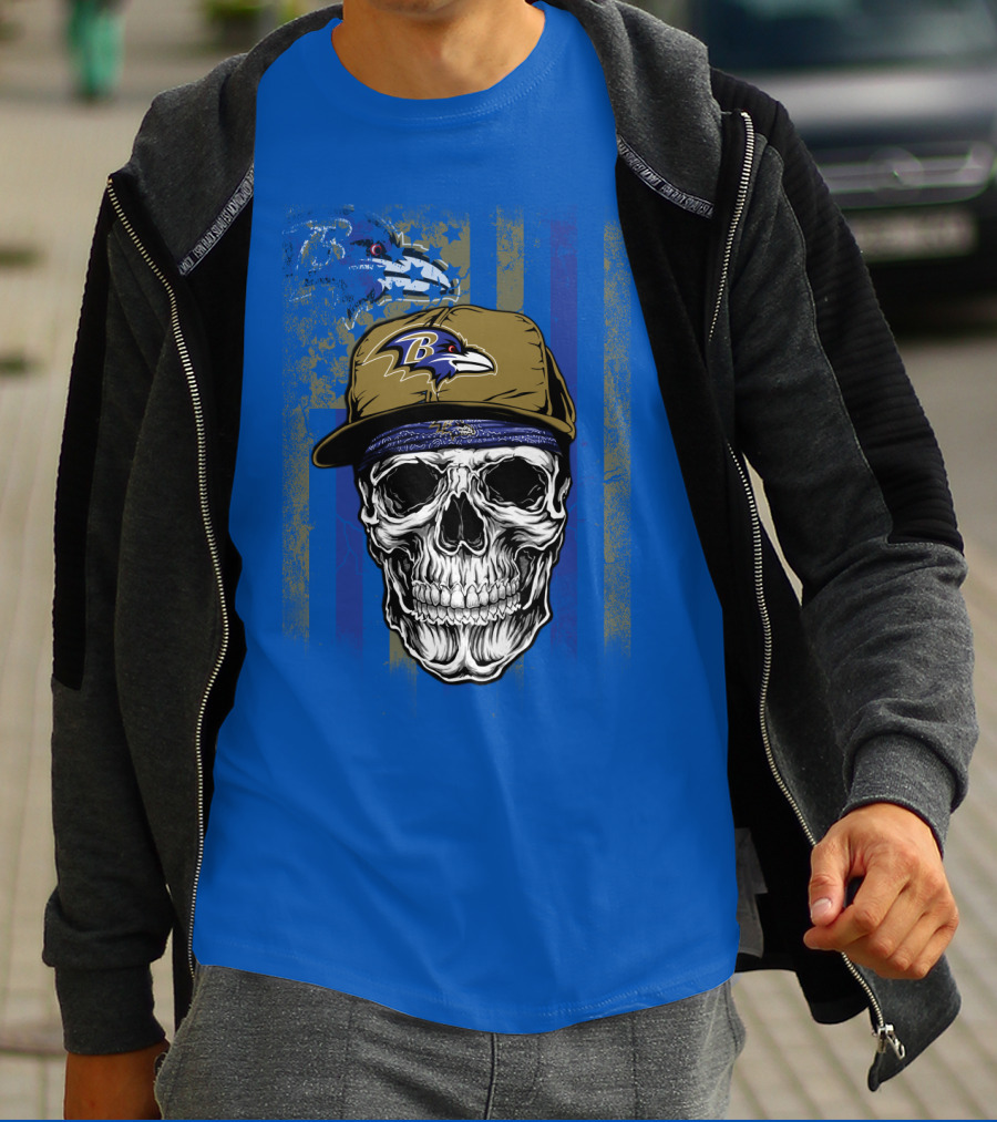 Baltimore Ravens Skull With Hat And Stylized Flag Elements T-Shirt