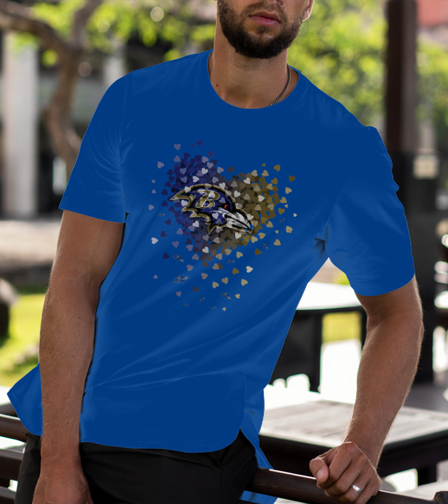 Baltimore Ravens Heart Design With Logo And Multicolored Hearts T-Shirt