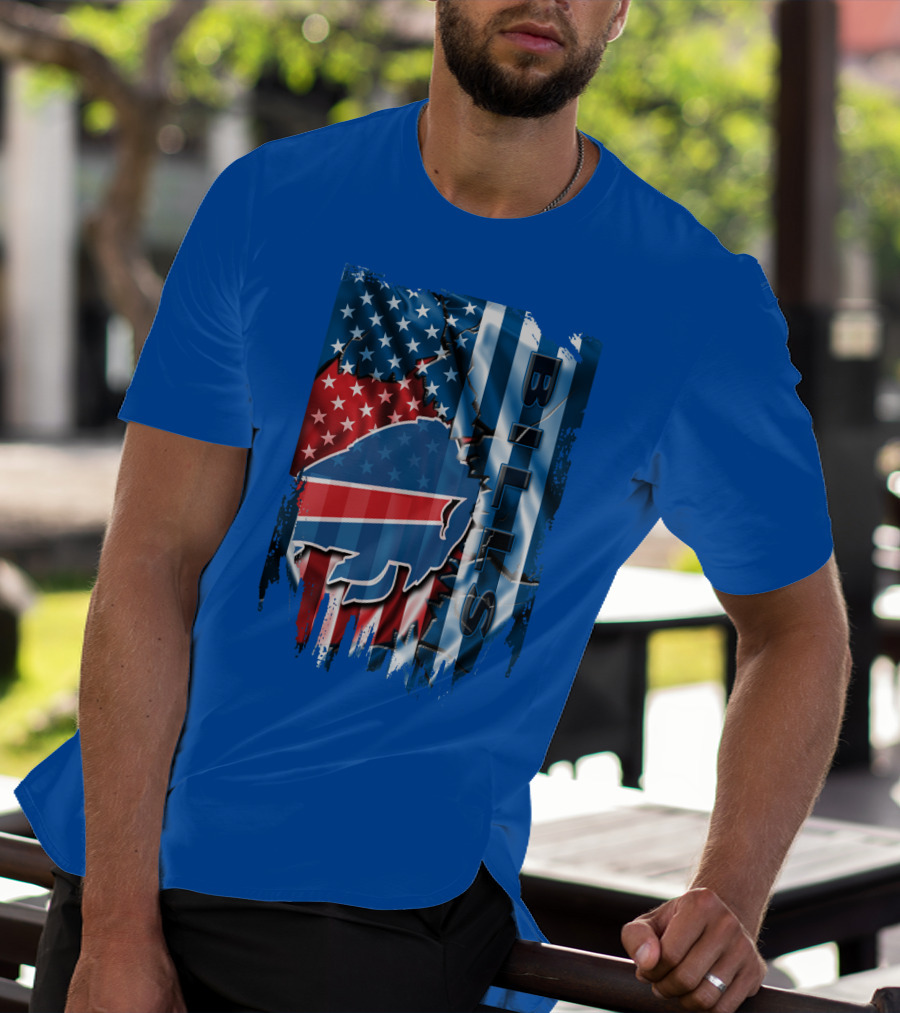 Buffalo Bills American Flag Collage With Team Logo And Bold Vertical T-Shirt