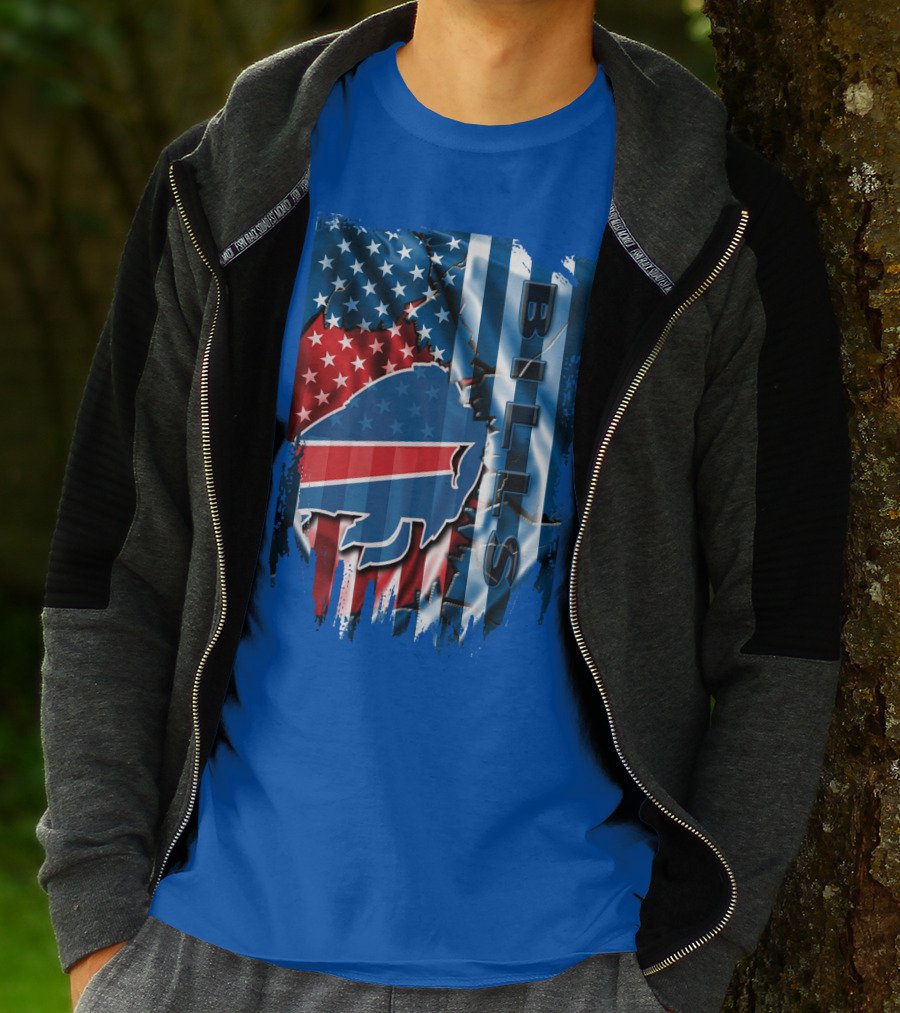 Buffalo Bills American Flag Collage With Team Logo And Bold Vertical T-Shirt
