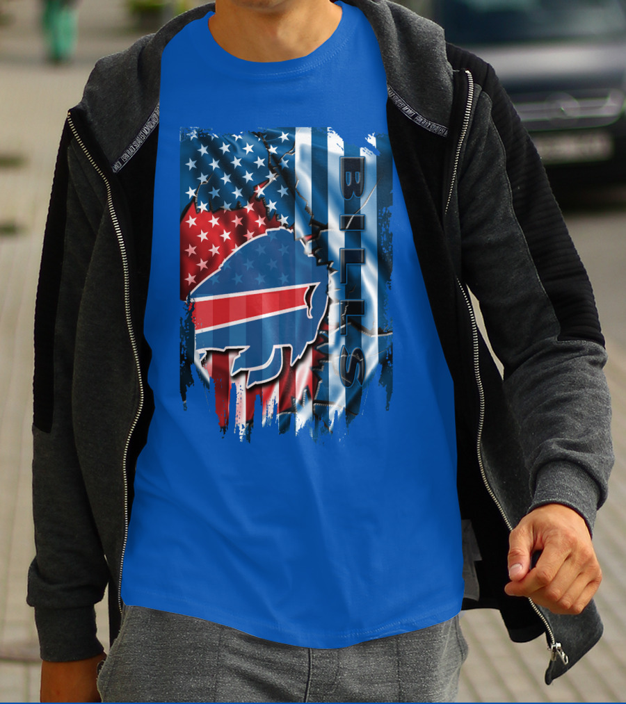 Buffalo Bills American Flag Collage With Team Logo And Bold Vertical T-Shirt