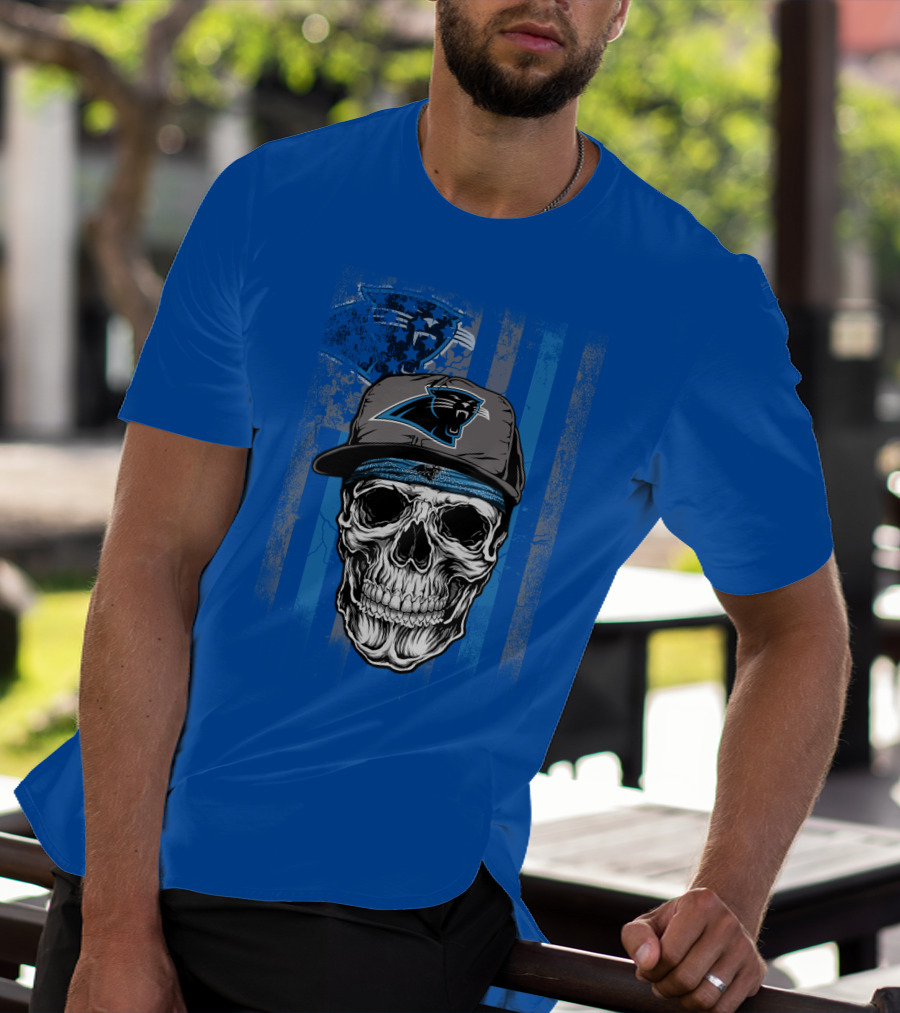 Carolina Panthers Skull With Hat And Striped T-Shirt