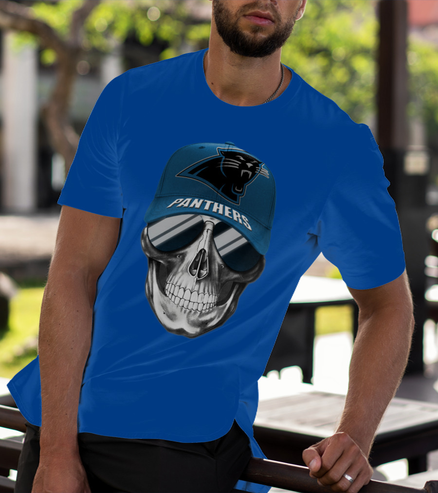 Carolina Panthers Skull Wearing Team Hat And Sunglasses T-Shirt