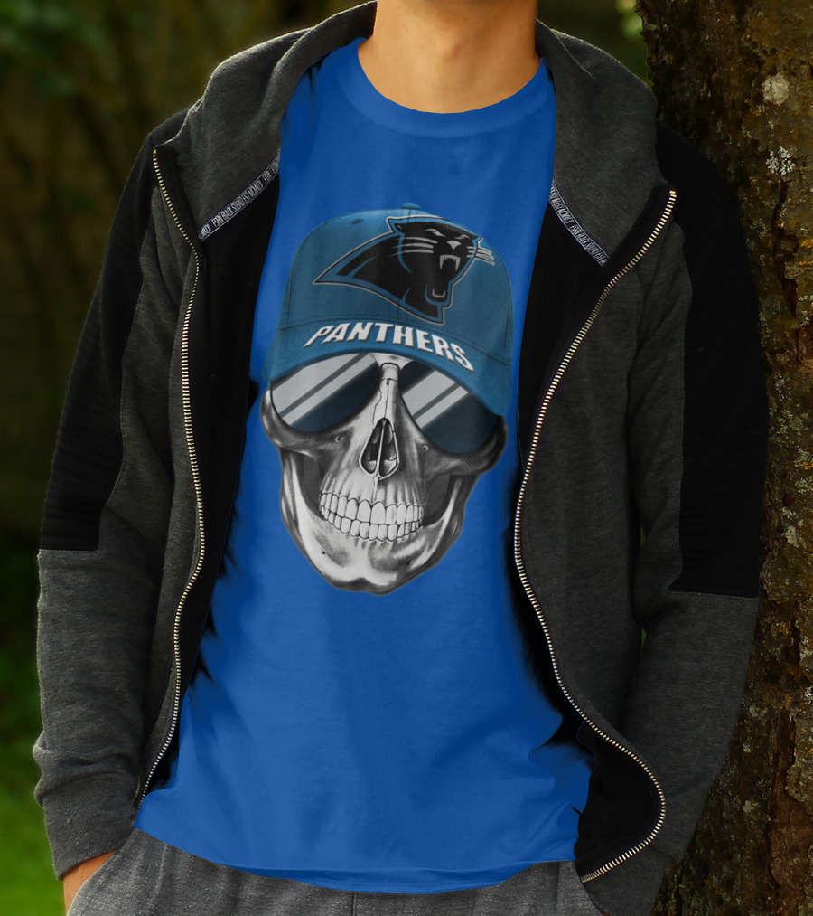Carolina Panthers Skull Wearing Team Hat And Sunglasses T-Shirt