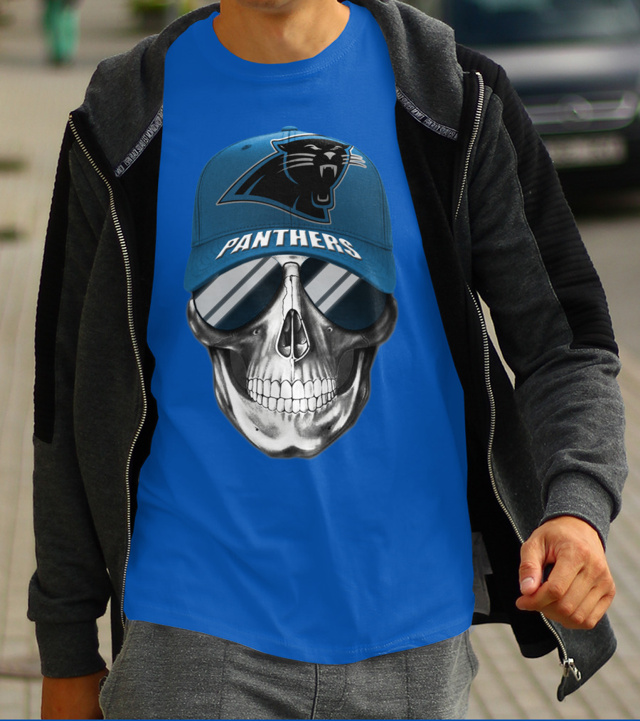 Carolina Panthers Skull Wearing Team Hat And Sunglasses T-Shirt