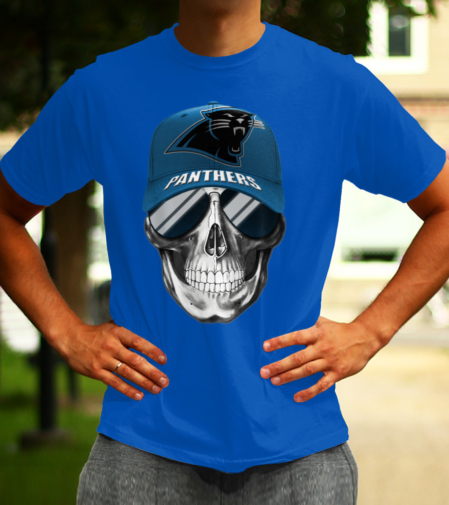 Carolina Panthers Skull Wearing Team Hat And Sunglasses T-Shirt