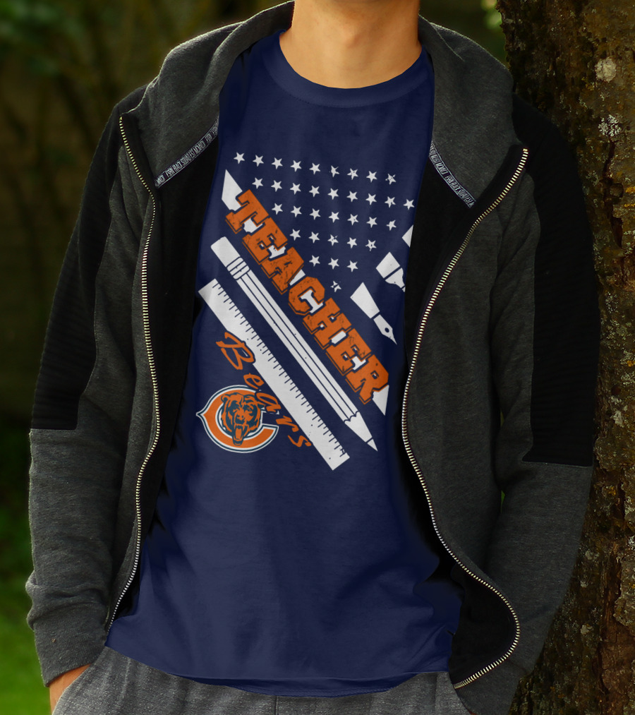 Chicago Bears Teacher American Flag Ruler And Pens T-Shirt