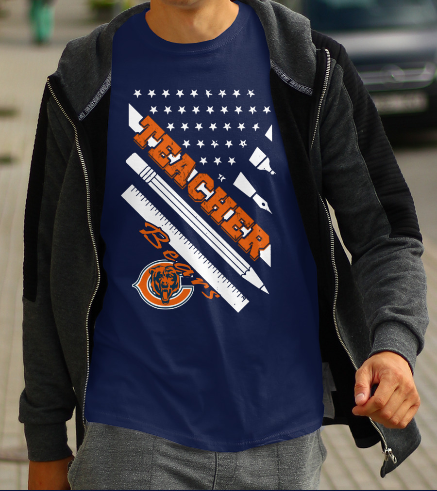 Chicago Bears Teacher American Flag Ruler And Pens T-Shirt