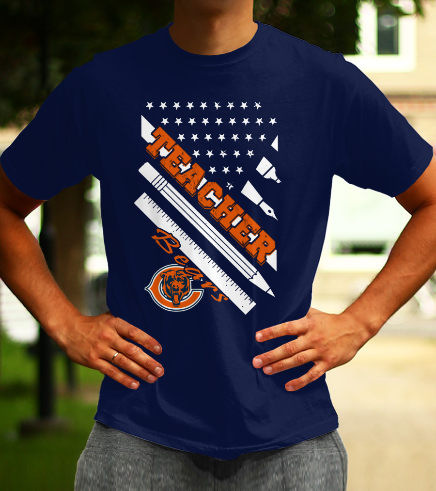 Chicago Bears Teacher American Flag Ruler And Pens T-Shirt