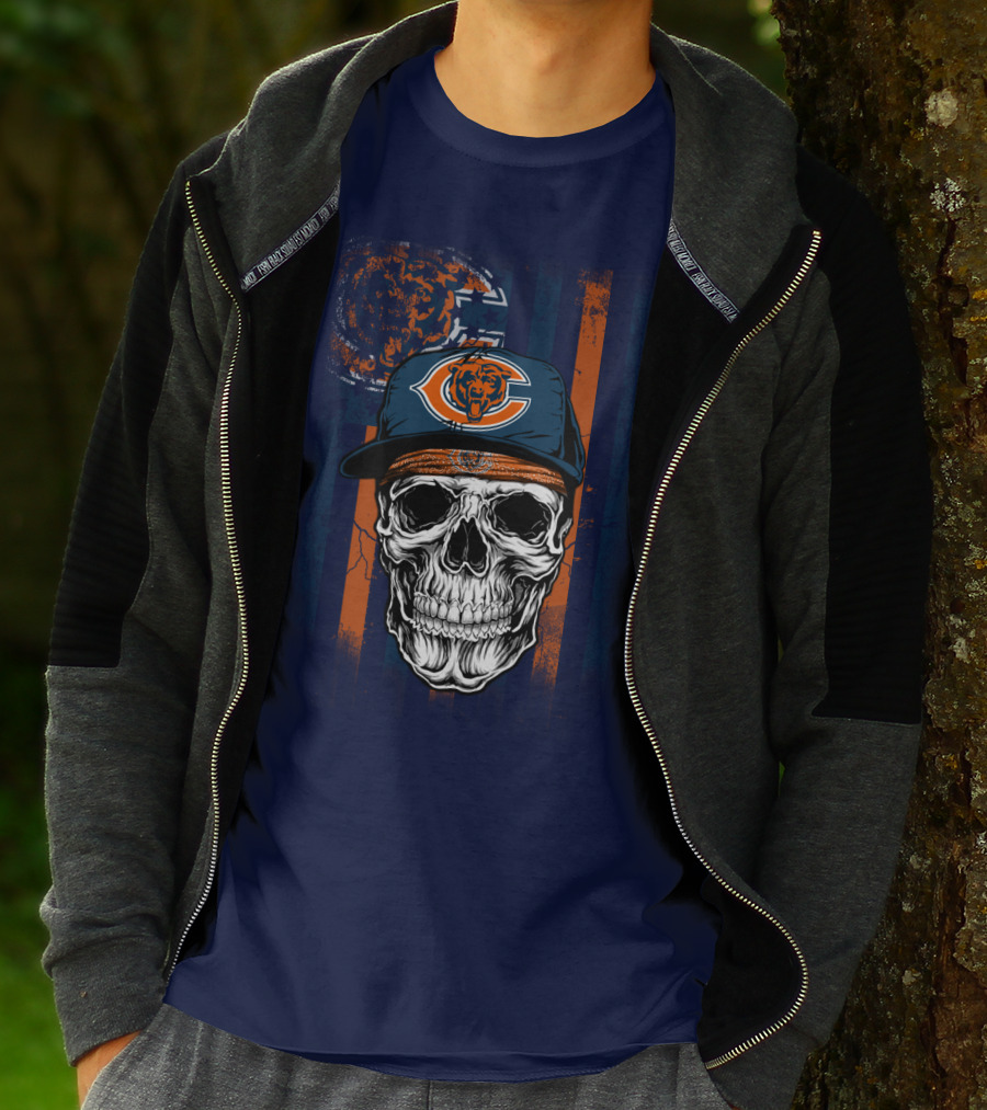 Chicago Bears Skull With Cap And Stripes T-Shirt