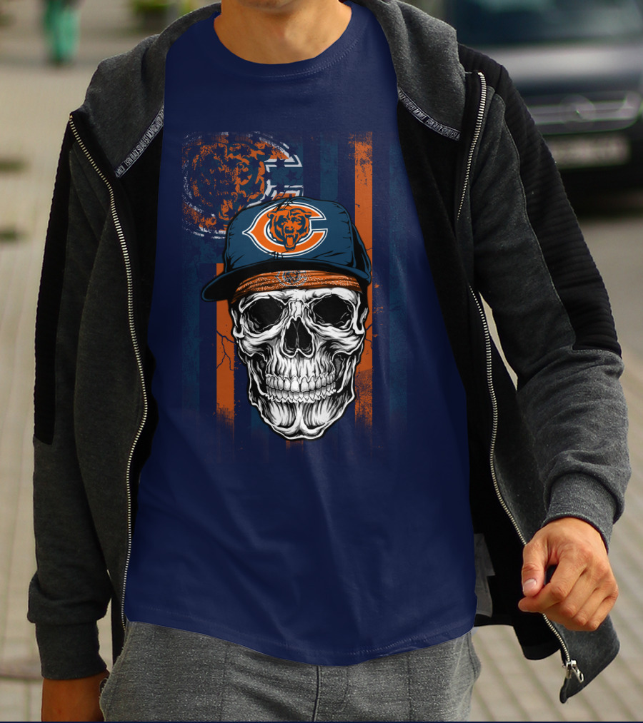 Chicago Bears Skull With Cap And Stripes T-Shirt