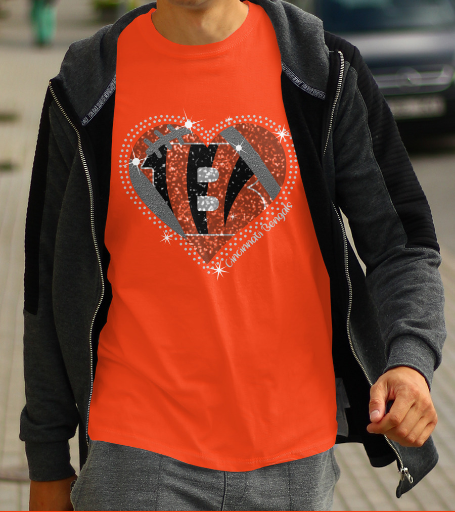 Cincinnati Bengals Heart Sparkle Football T-Shirt