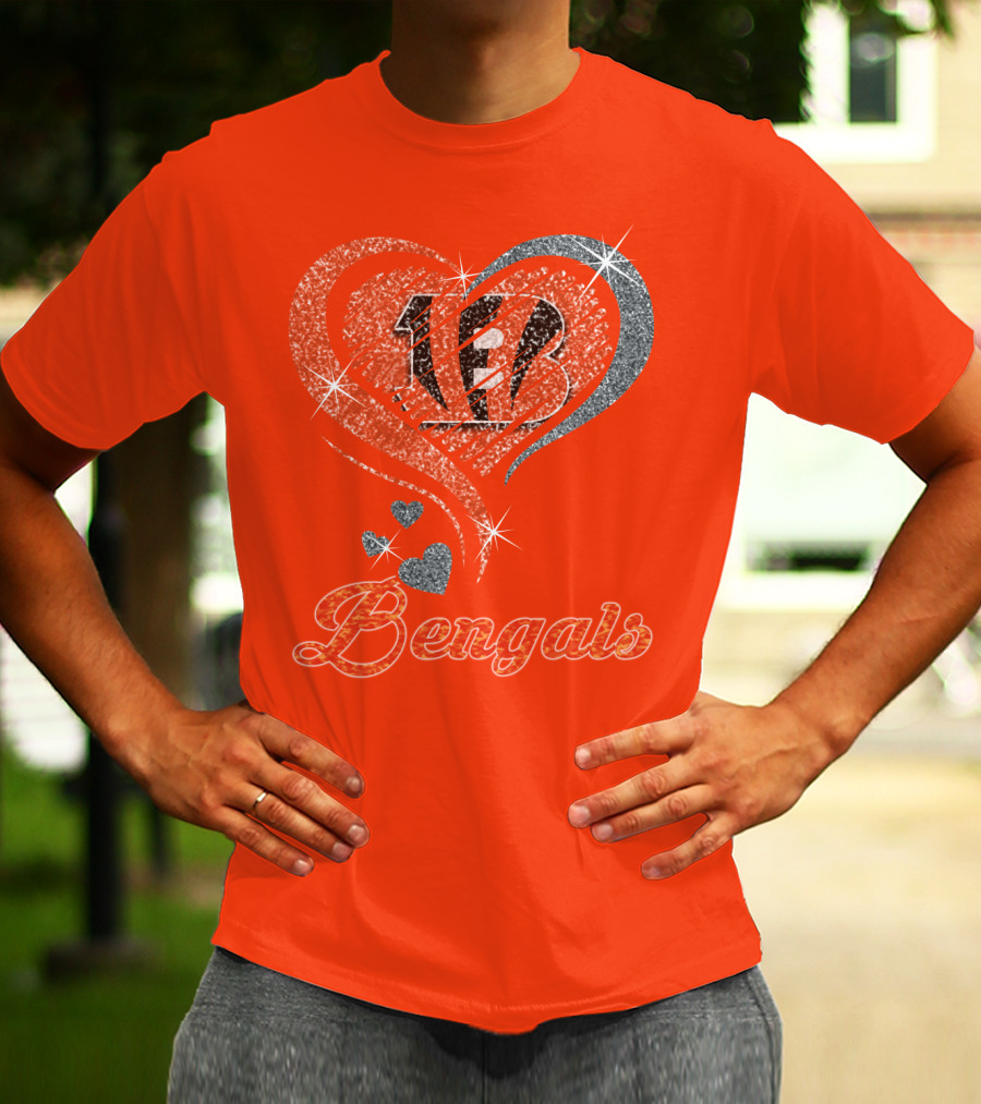 Bengals Heart Sparkle B Stripes Glitter T-Shirt