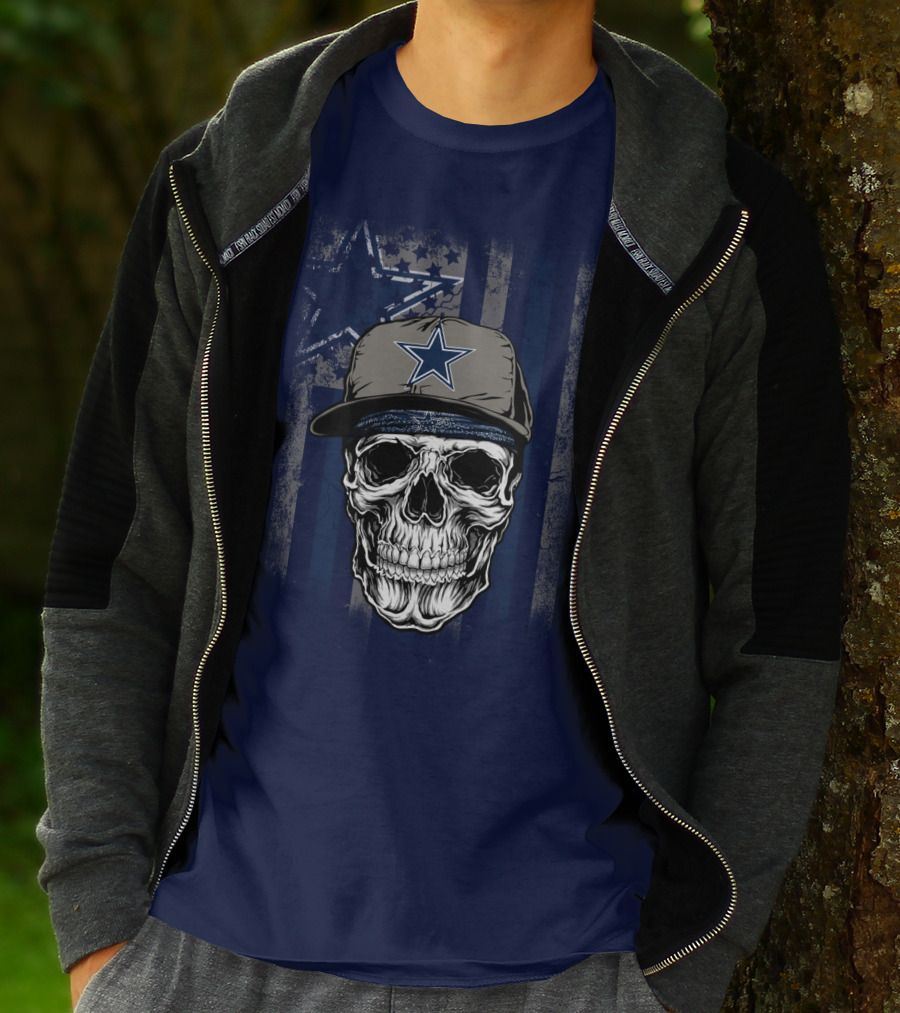 Dallas Cowboys Skull With Star Cap And Grunge Flag T-Shirt