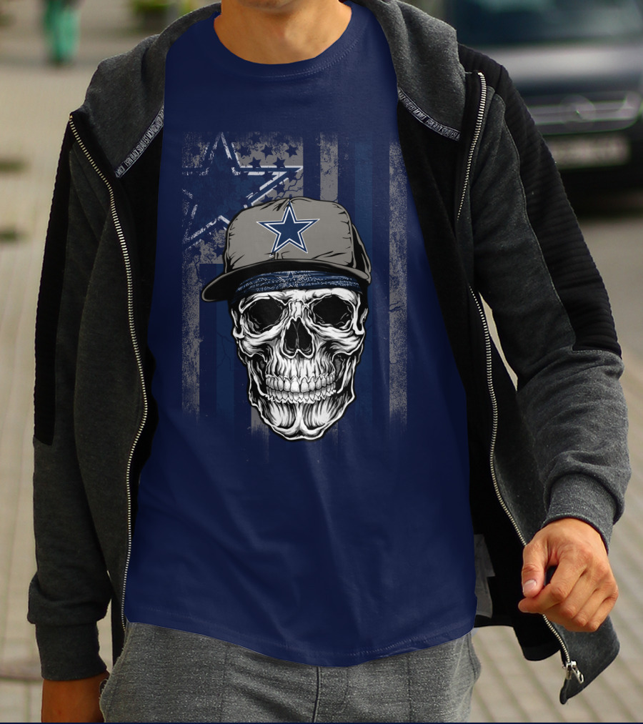 Dallas Cowboys Skull With Star Cap And Grunge Flag T-Shirt