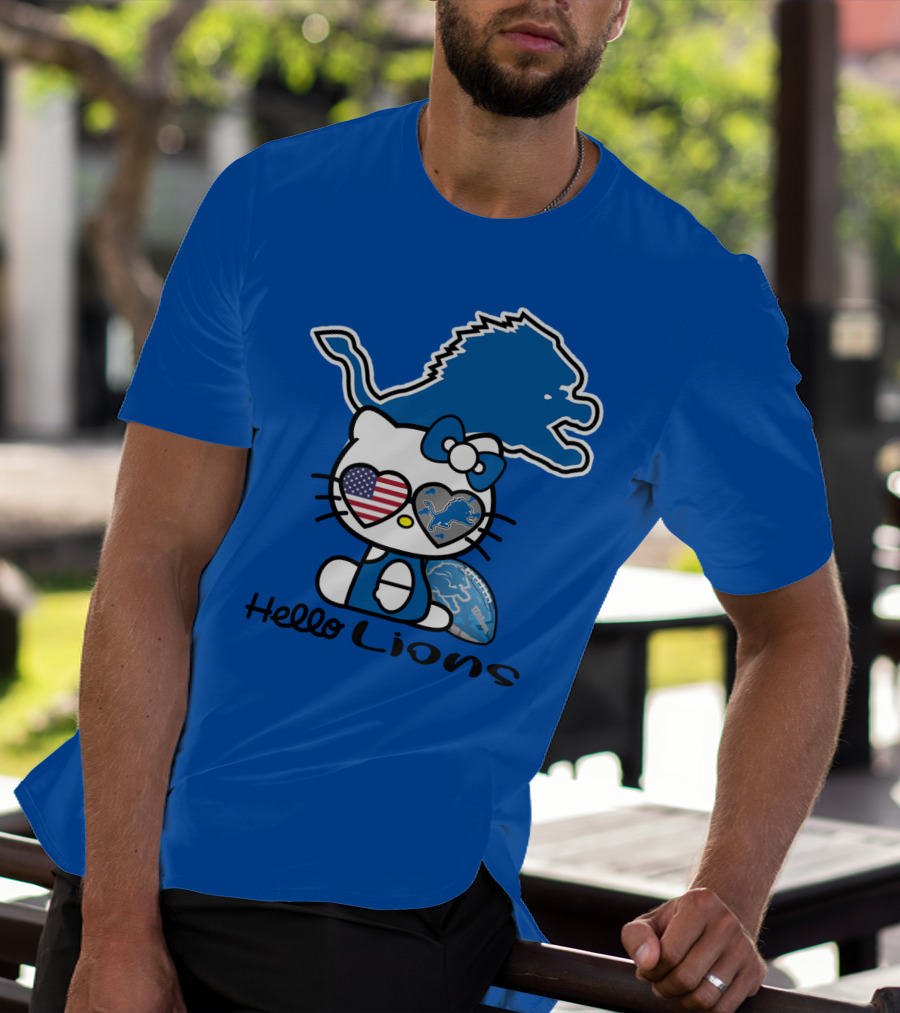 Hello Lions Detroit Lions Football Kitty Patchwork T-Shirt