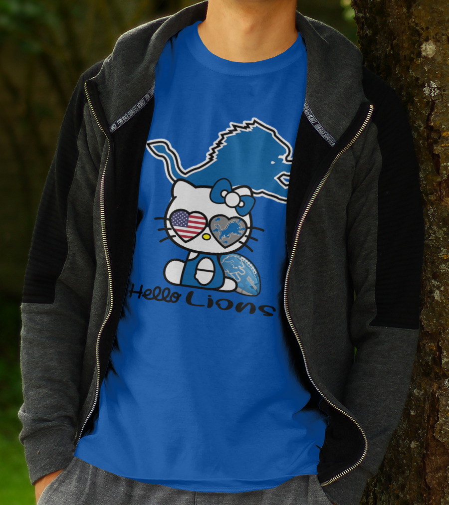 Hello Lions Detroit Lions Football Kitty Patchwork T-Shirt