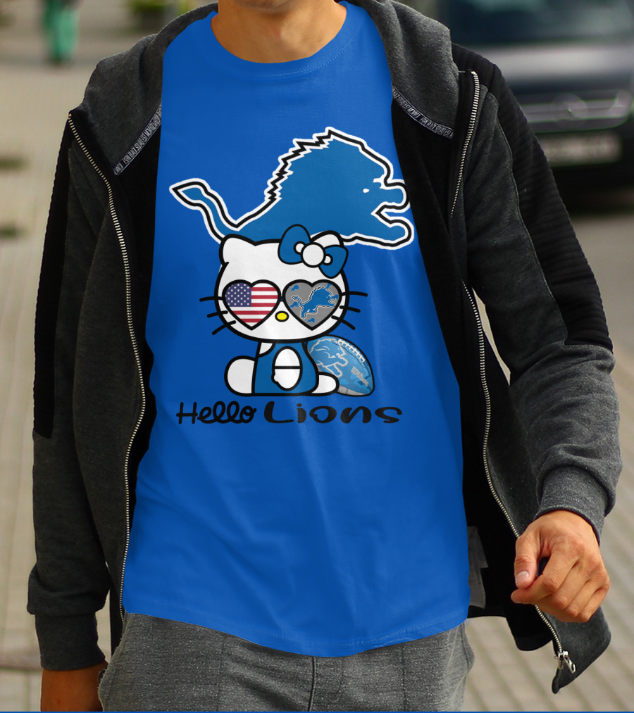 Hello Lions Detroit Lions Football Kitty Patchwork T-Shirt