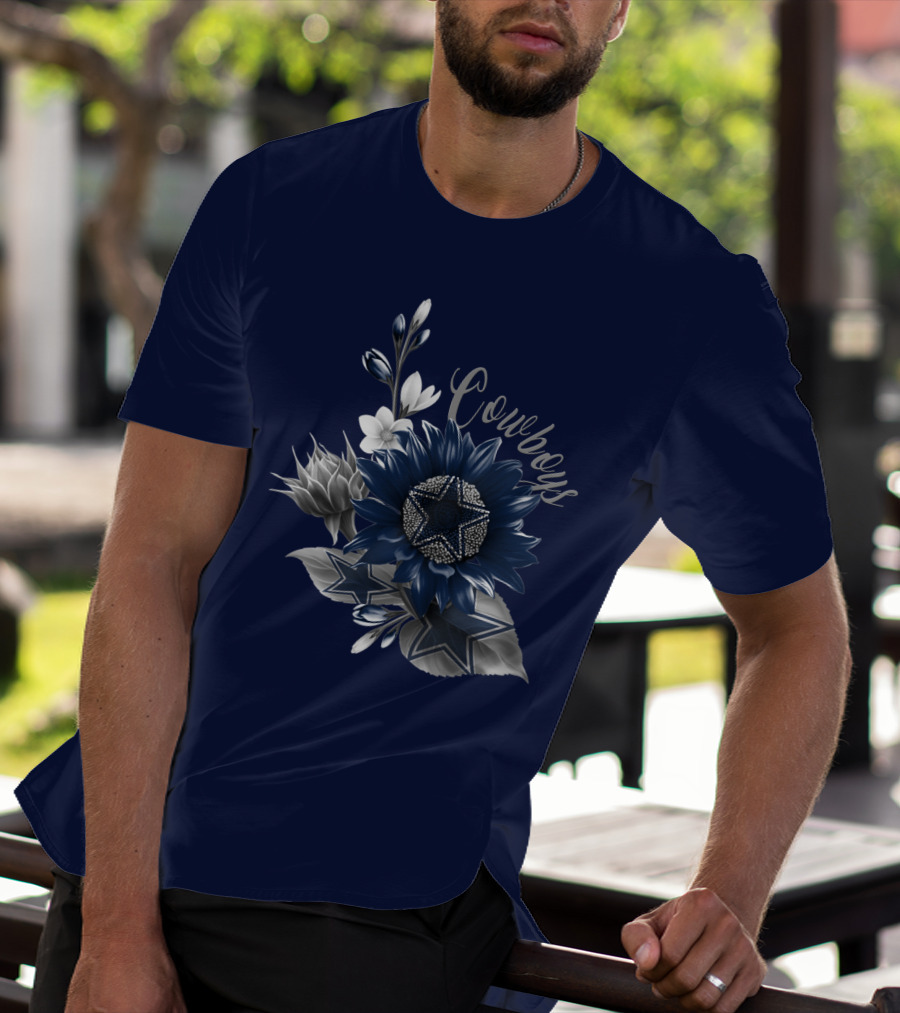 Cowboys Star Floral Design With Navy And Silver Accents T-Shirt