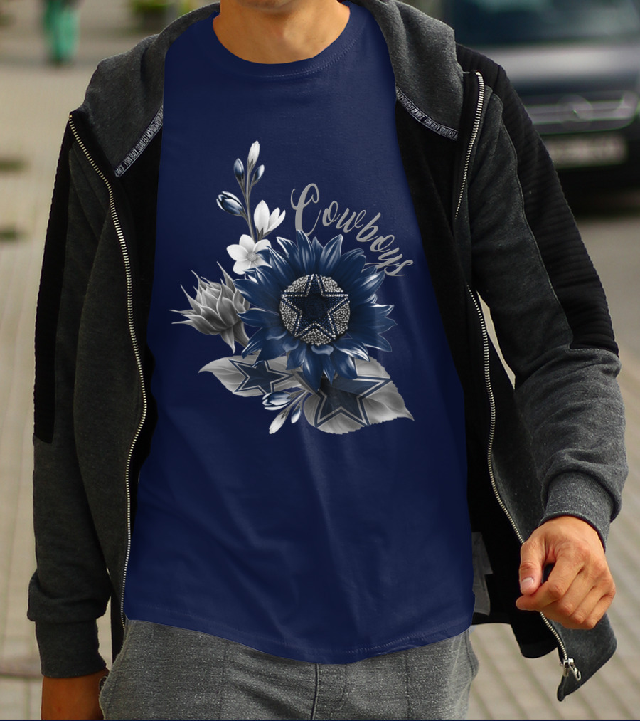 Cowboys Star Floral Design With Navy And Silver Accents T-Shirt