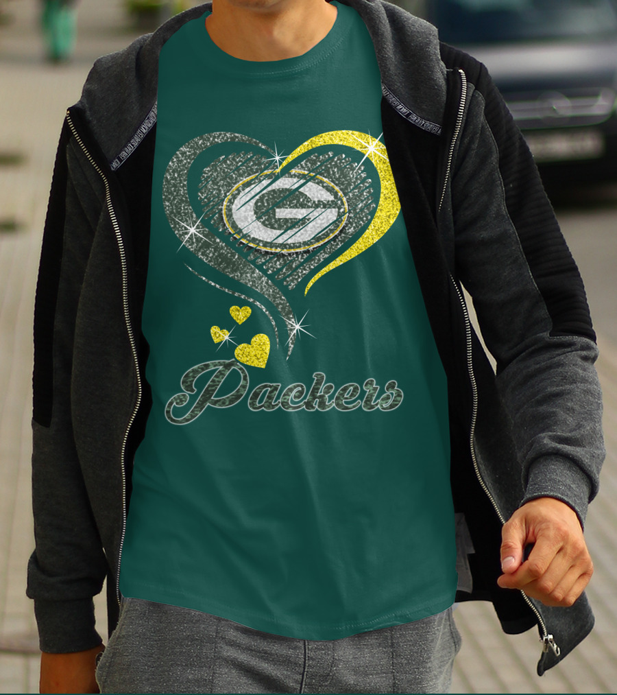 Green Bay Packers Heart Logo Sparkle T-Shirt